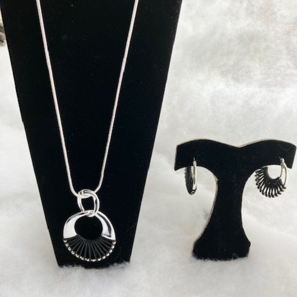 NAPIER Black Leather Wrapped Silver Necklace & Earrings Set - New With Tags!
